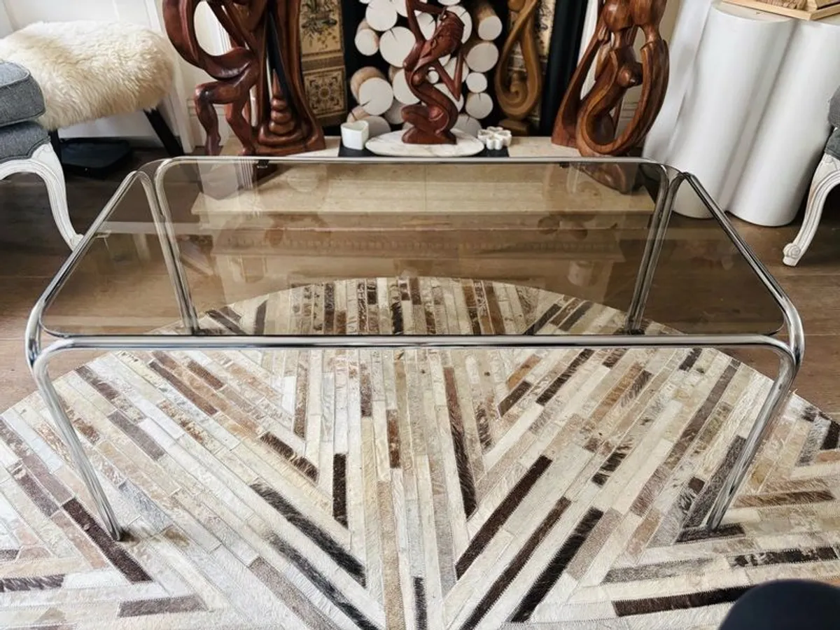 Vintage 1970s Space Age / Bauhaus Style Chrome & Smoked Glass Coffee Table - Image 2