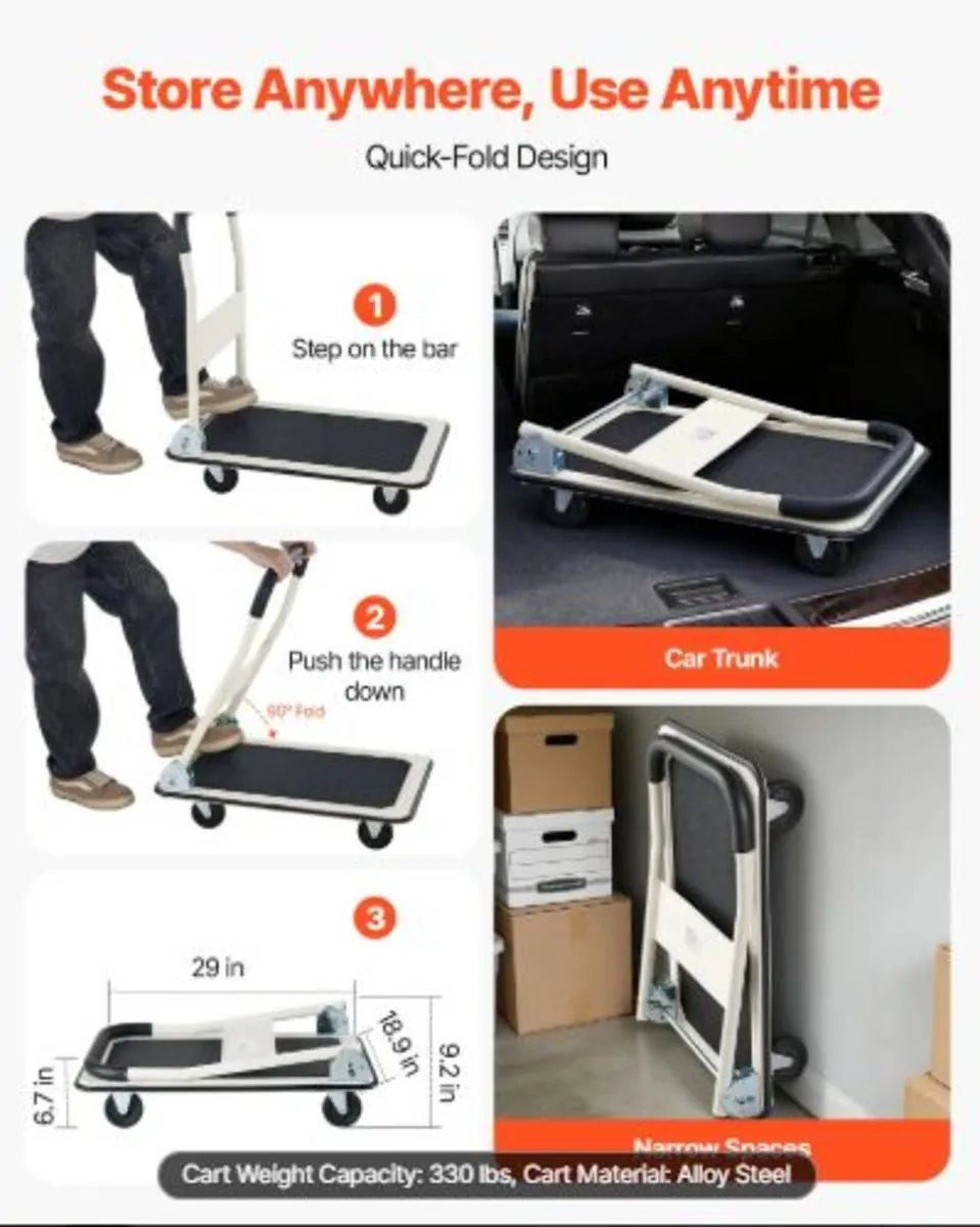 Foldable Push Cart Dolly, 149.69 kg Capacity Fold - Image 2