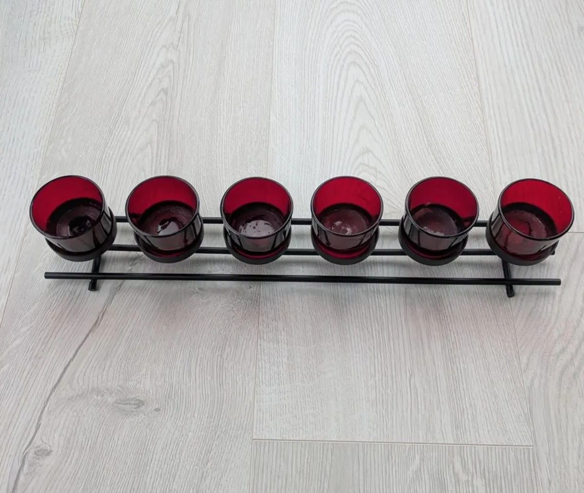 Red votive candle holder glass and black iron - Image 2