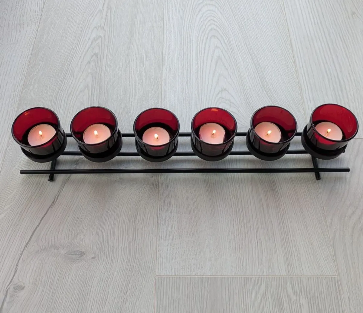 Red votive candle holder glass and black iron - Image 1