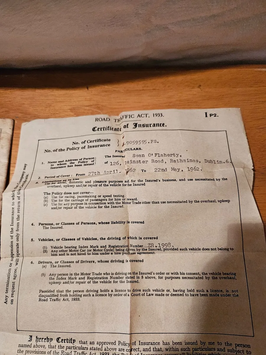 Vintage Car Insurance Certificate - Image 2