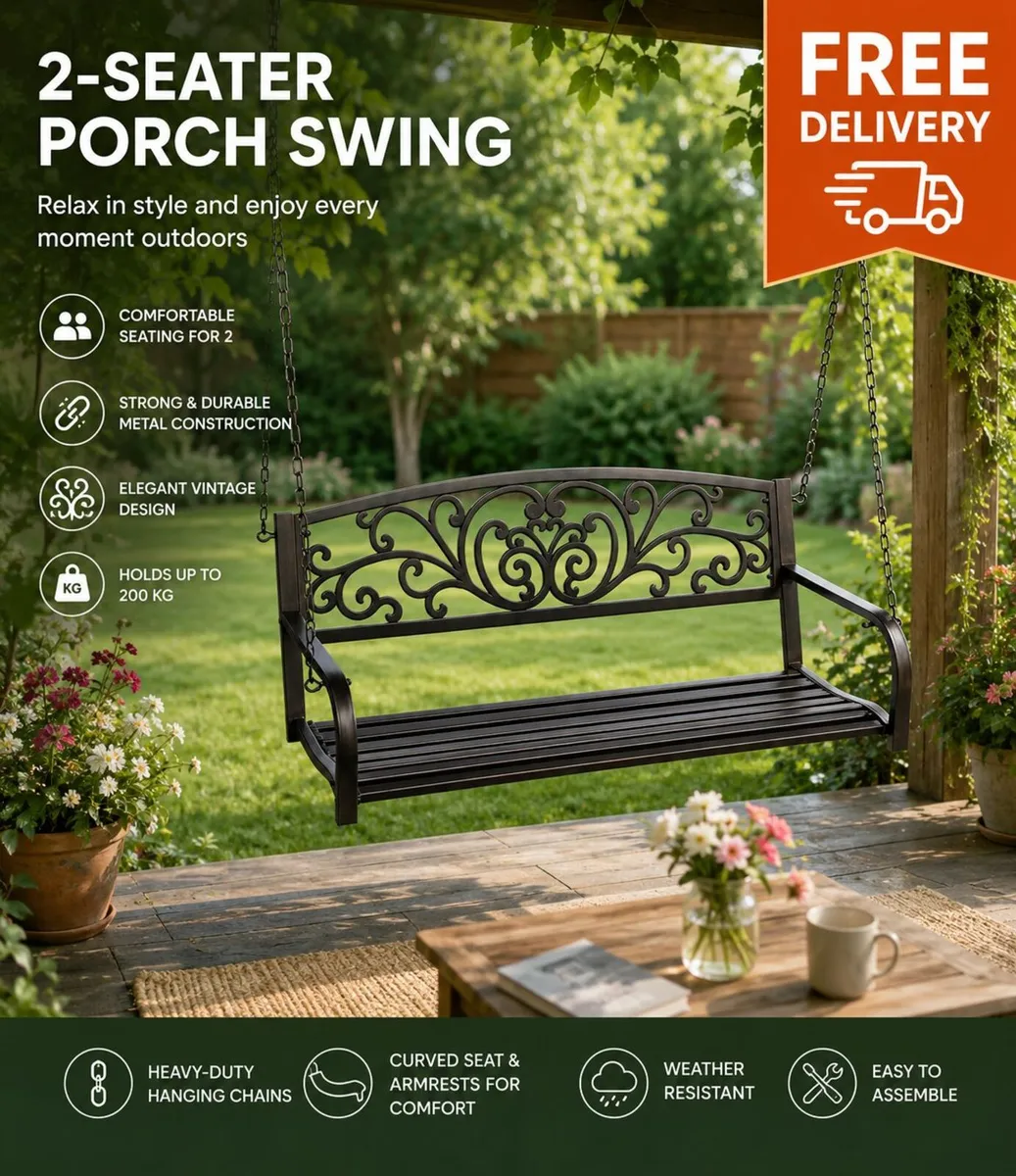 2-Seater Metal Hanging Porch Swing Bench - Image 2