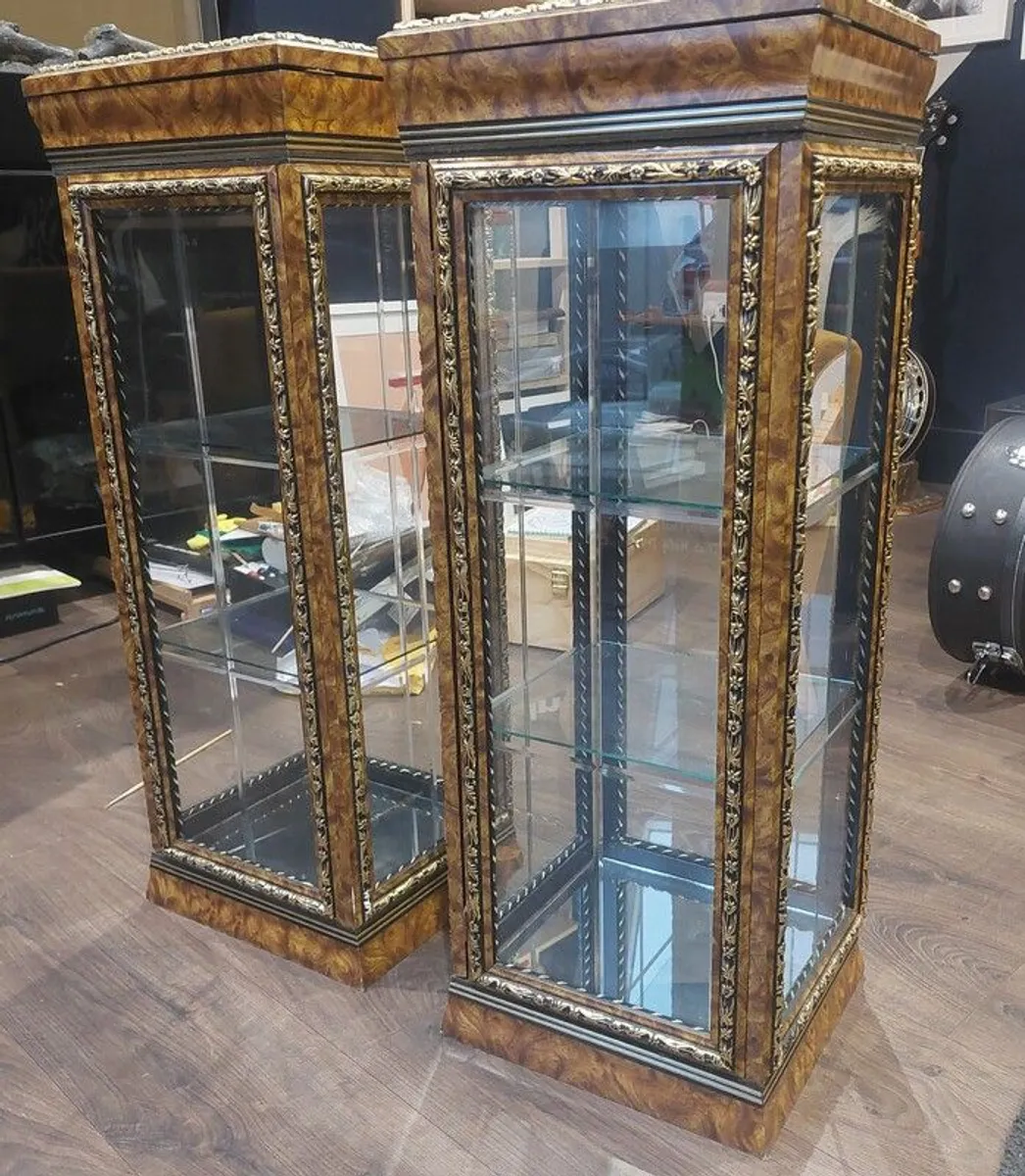 Pair of Ornate Glass Display Cabinets / Curio Cabinets - Burl Wood & Gold Detail - Image 1