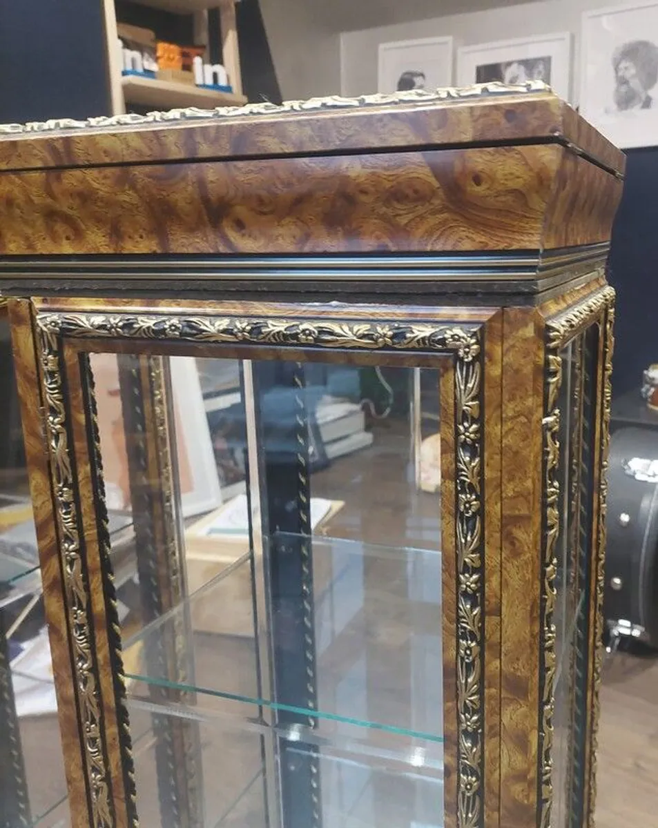 Pair of Ornate Glass Display Cabinets / Curio Cabinets - Burl Wood & Gold Detail - Image 3
