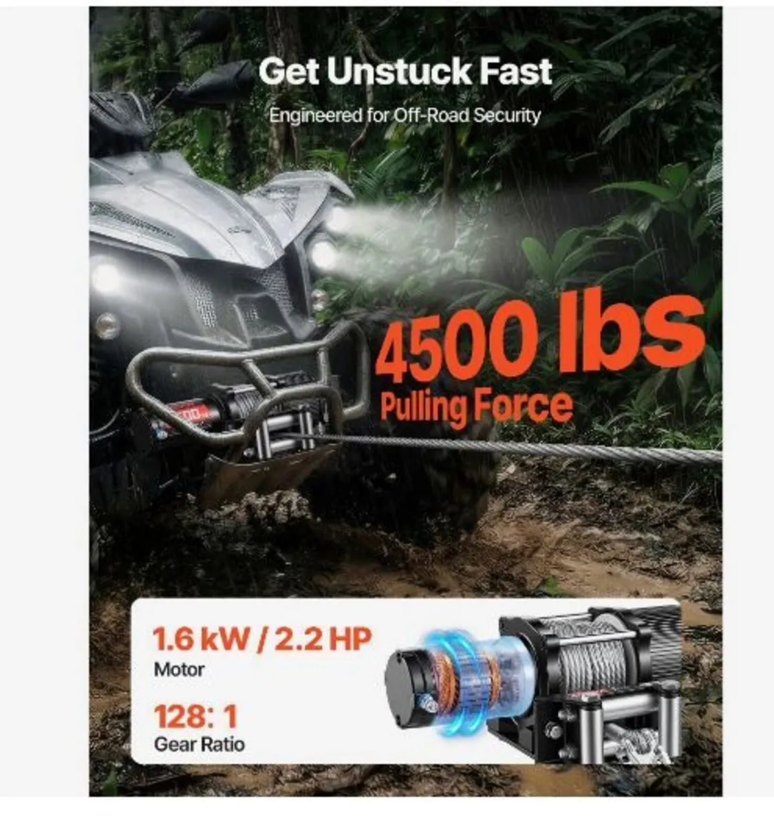 2041 kg Electric Winch, 12V DC ATV/UTV Winch - Image 3