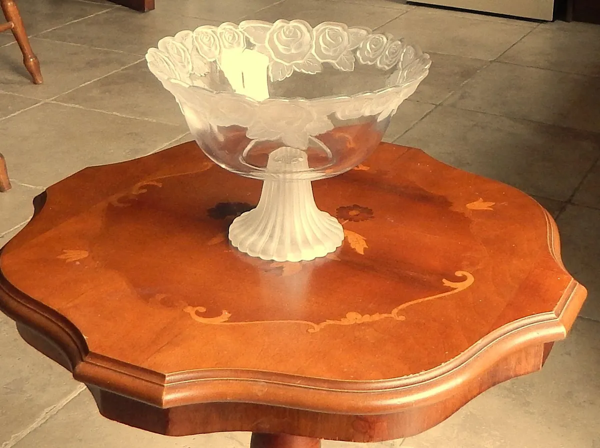 Footed Glass Fruit Bowl with Frosted Embossed Rose - Image 1