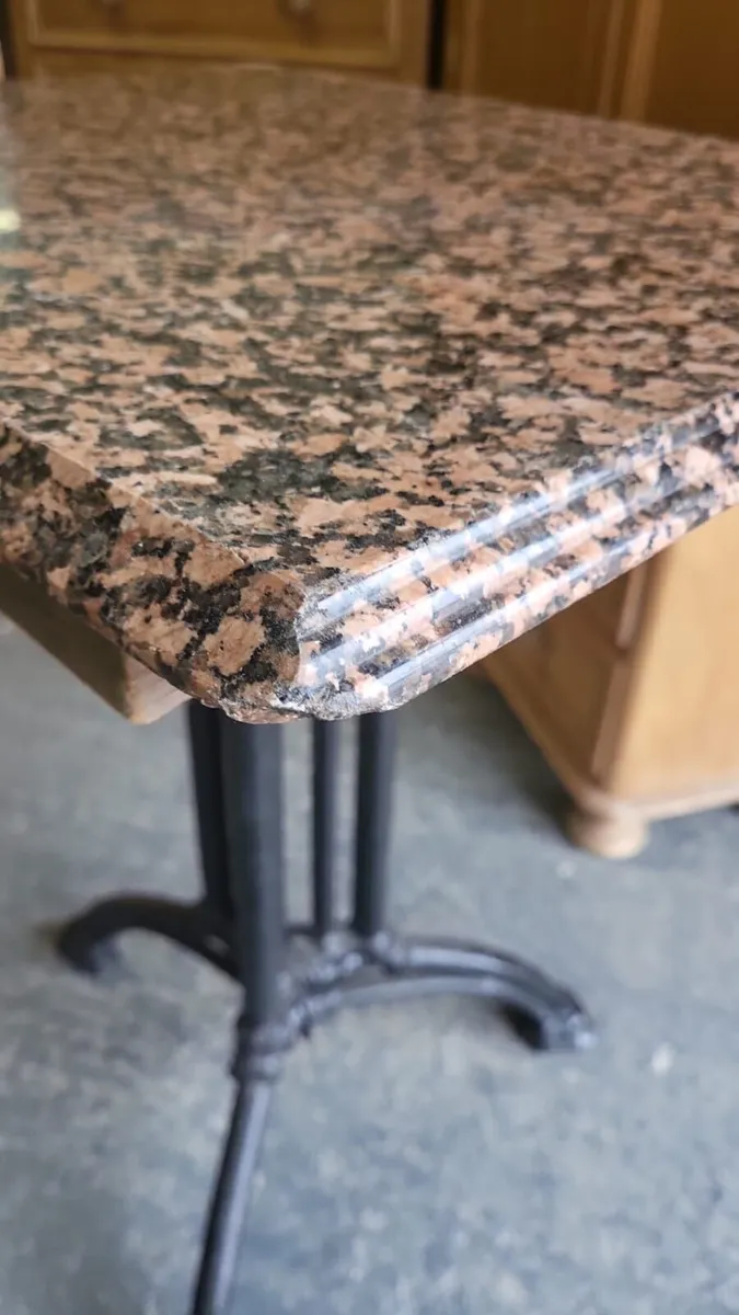 Pair vintage granite top cast iron base tables - Image 2