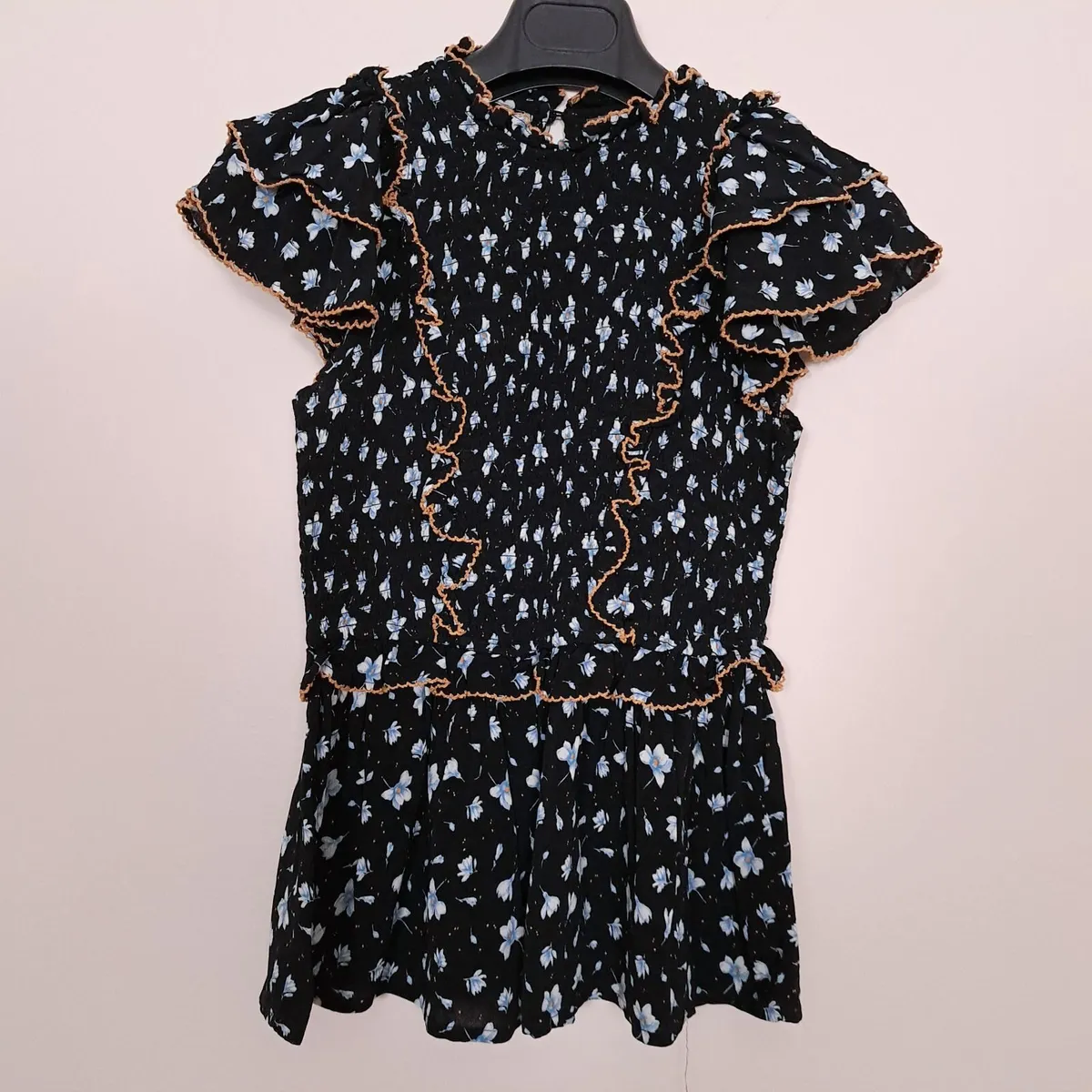 Mint Velvet Black Blue Floral Peplum Top 8UK - Image 1
