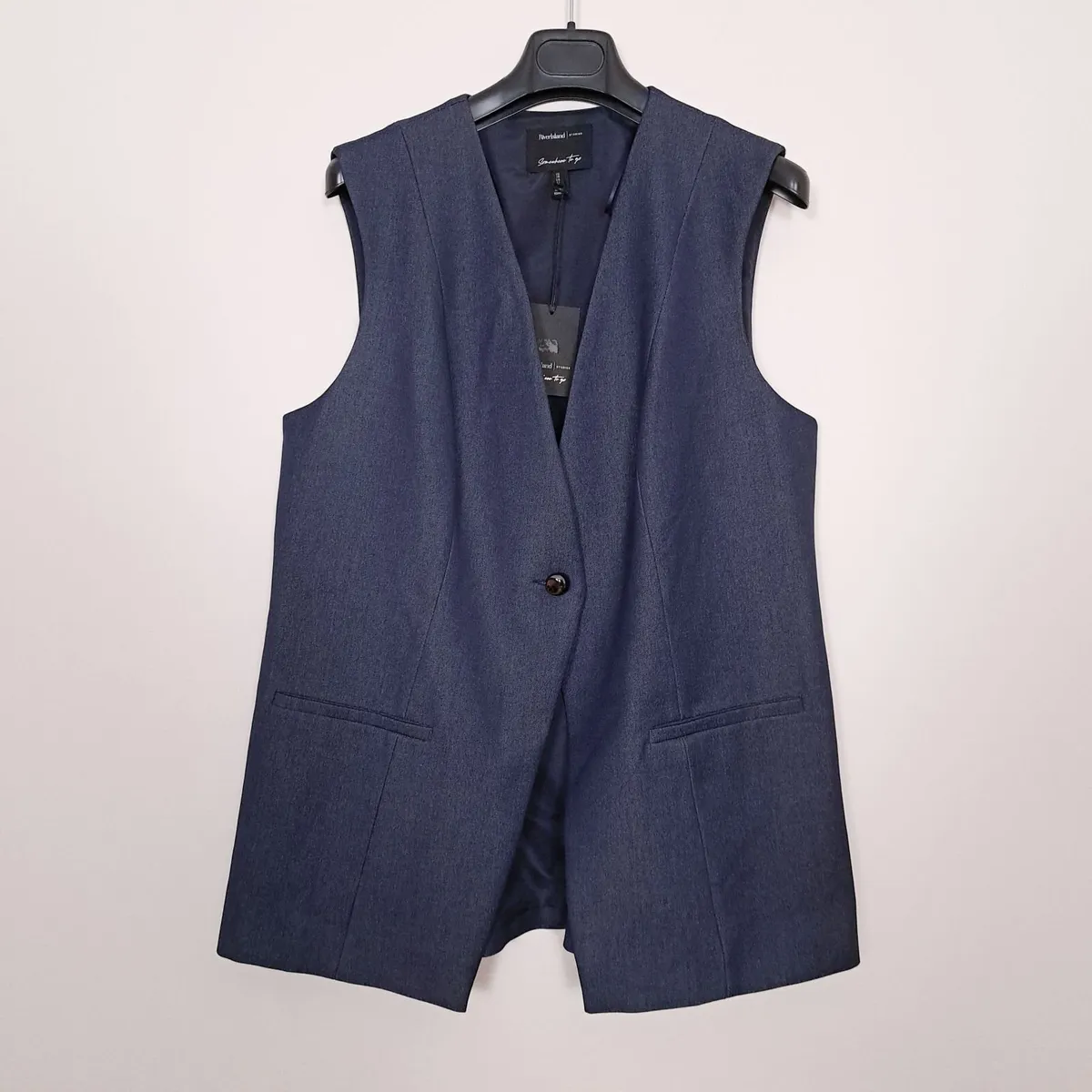River Island Navy Blue Denim Waistcoat Blazer 16UK - Image 1