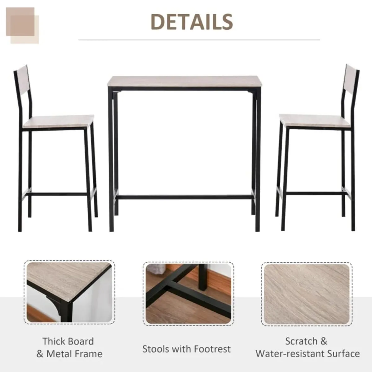 3 Pcs Table Stool Set Industrial Design w/ Metal F - Image 2