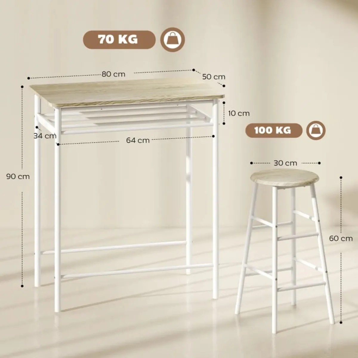 3 Piece Bar Table Set, Bar Table with Shelf, 2 Sto - Image 3