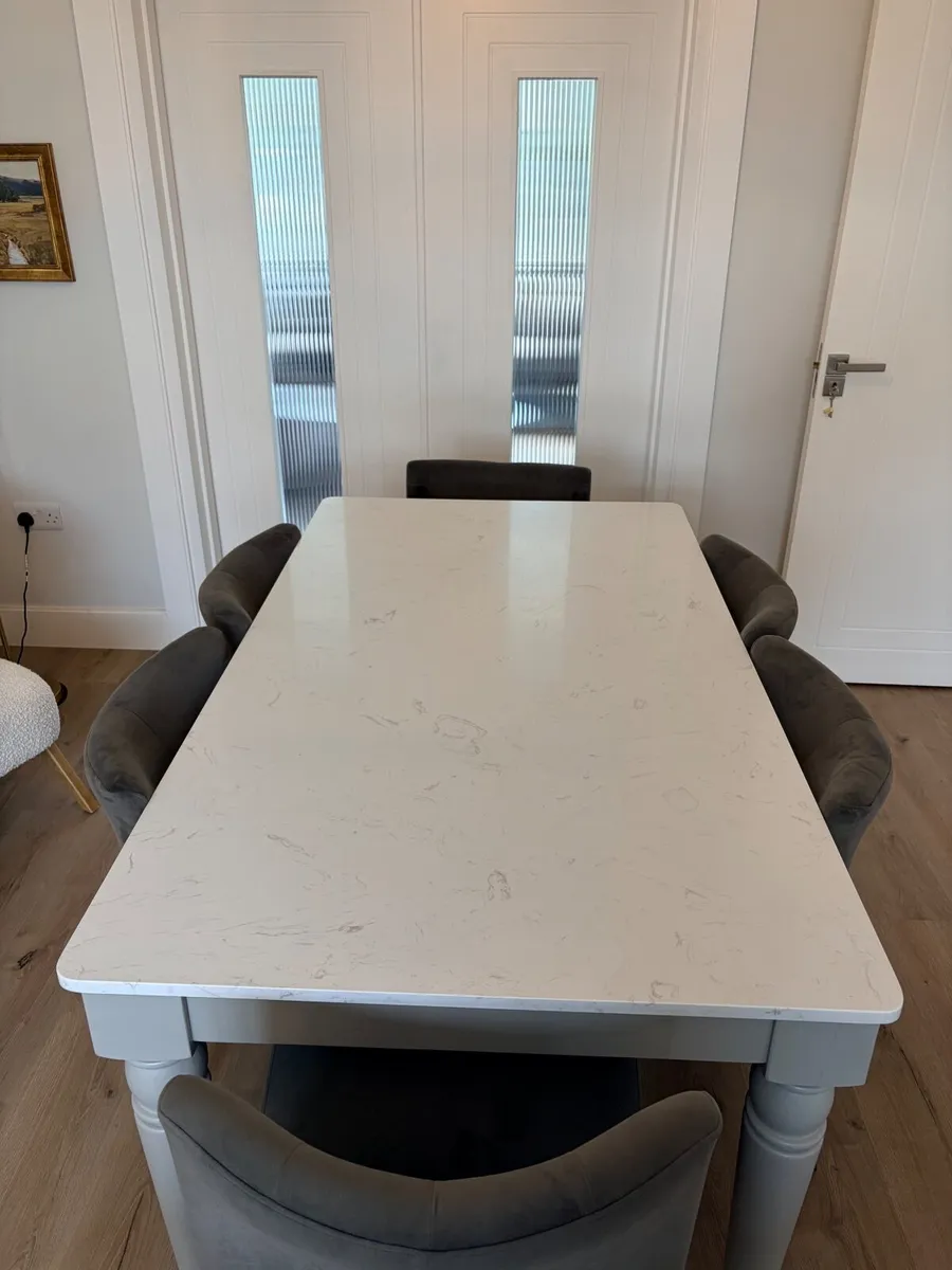 Marble top Dining Table w/ 6 grey velvet chairs - Image 4