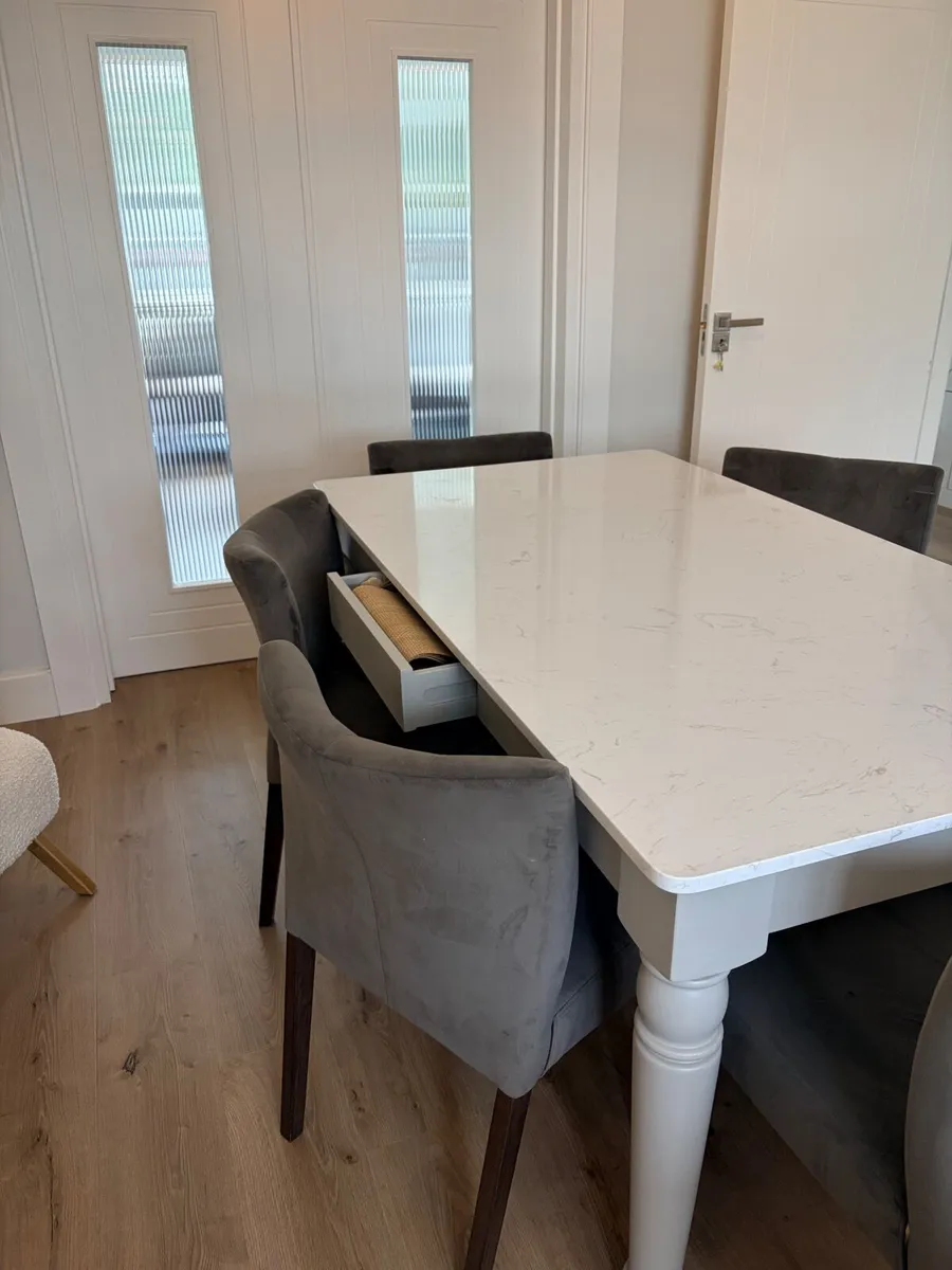 Marble top Dining Table w/ 6 grey velvet chairs - Image 2