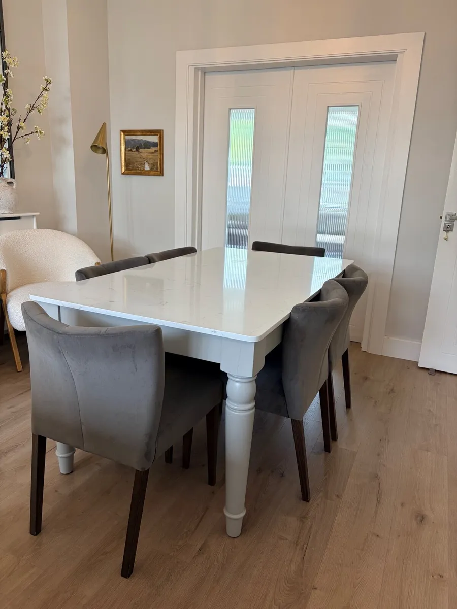 Marble top Dining Table w/ 6 grey velvet chairs - Image 1