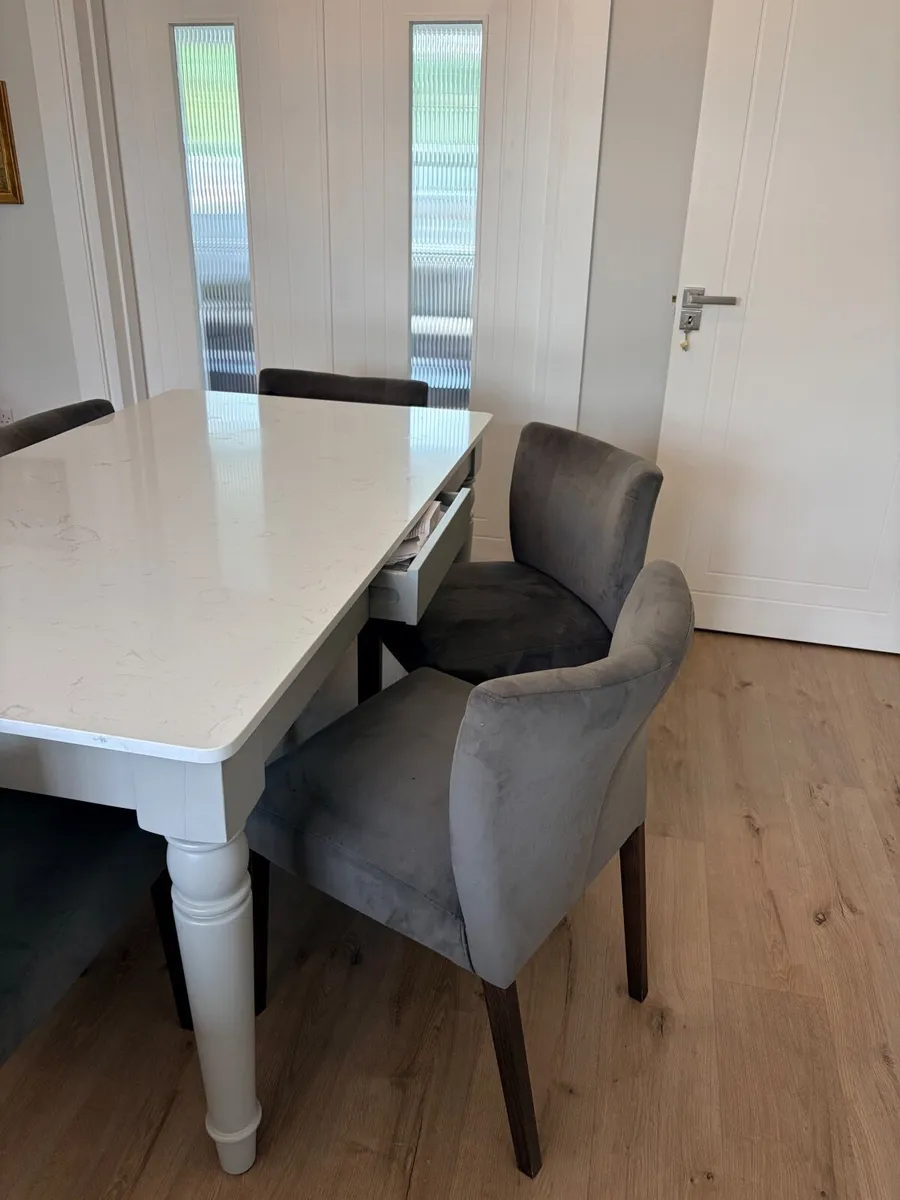 Marble top Dining Table w/ 6 grey velvet chairs - Image 3