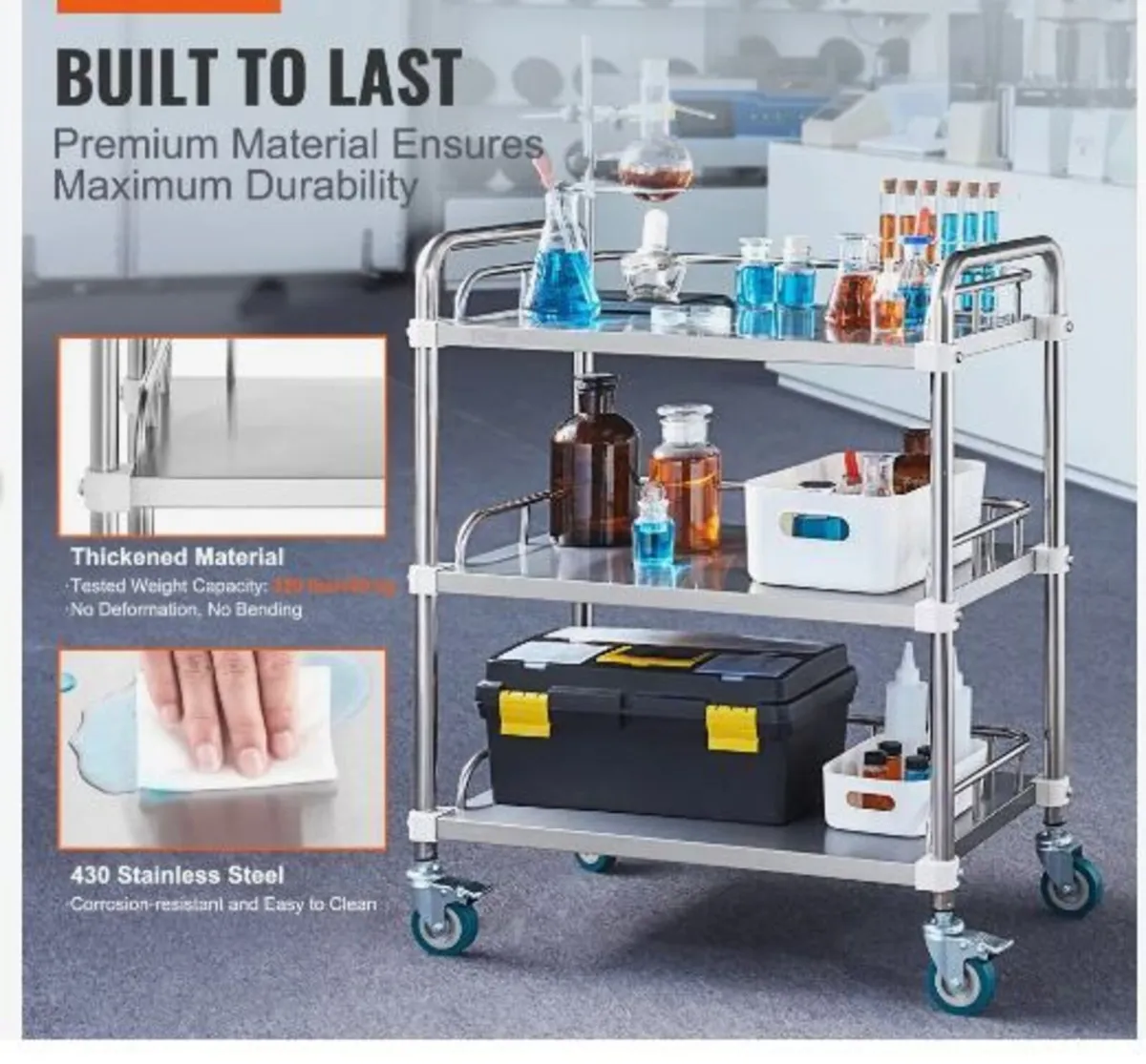 Lab Rolling Cart, 3-Shelf Stainless Steel Rolling - Image 2