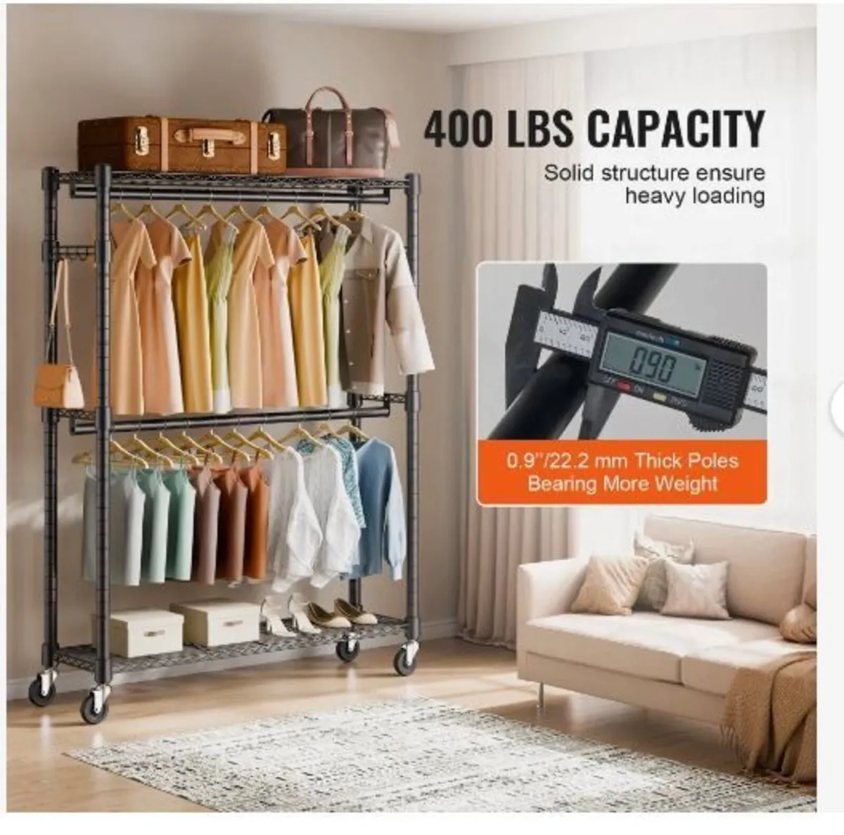 Heavy Duty Clothes Rack, Rolling Clothing - Image 4