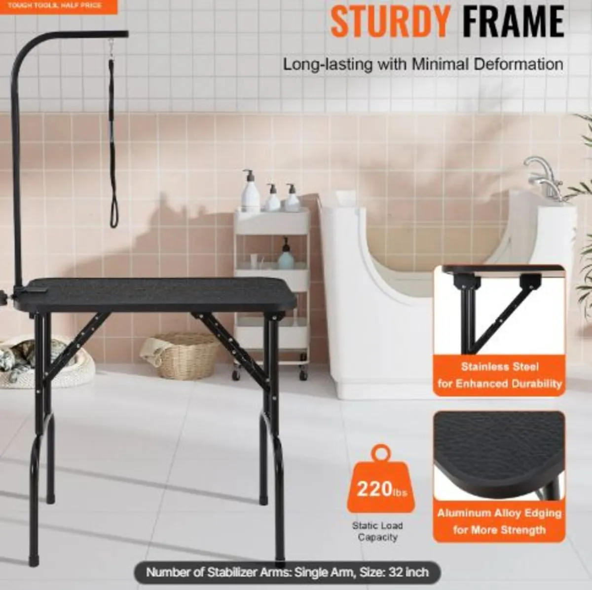 Pet Grooming Table Arm with Clamp, 808 x 460 mm - Image 3