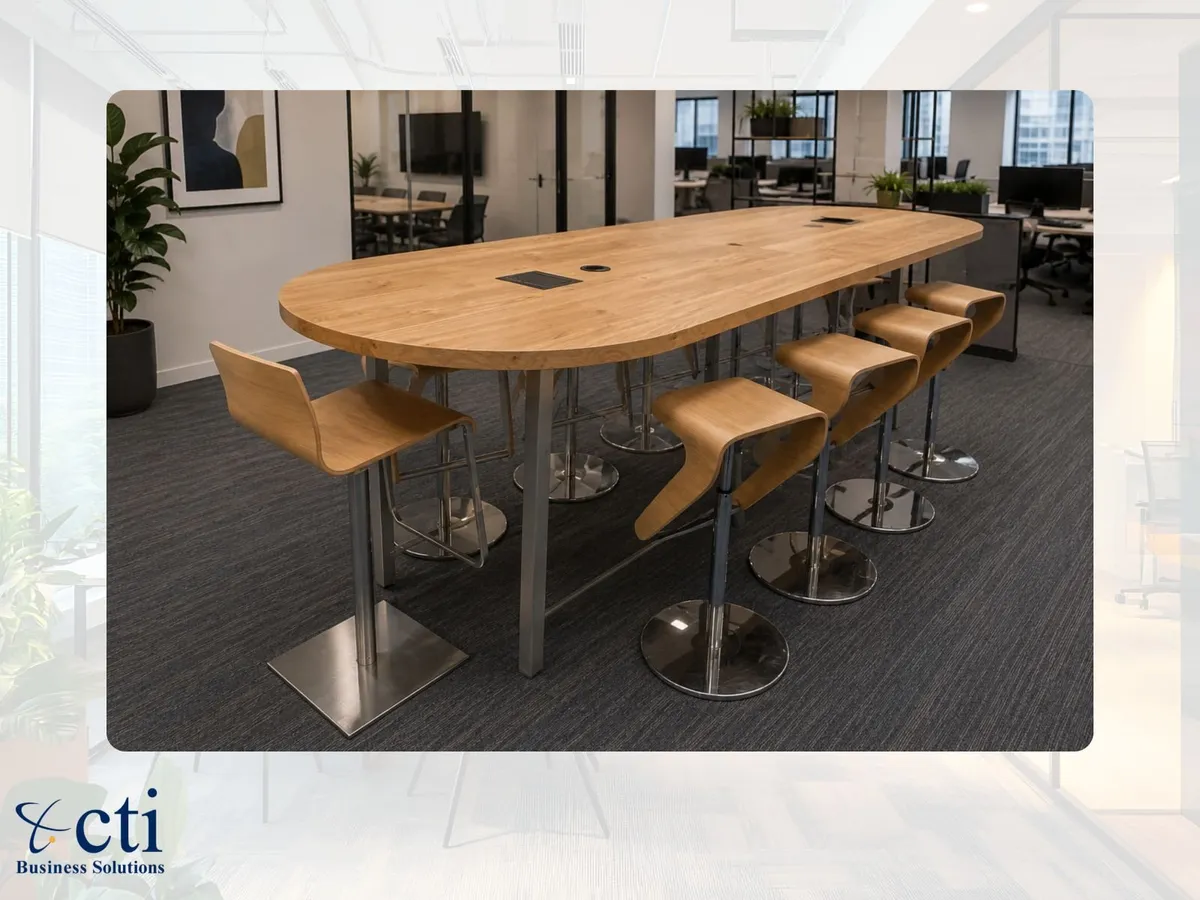 3.4M Oak High Meeting Table  & 10 High Stools - Image 1