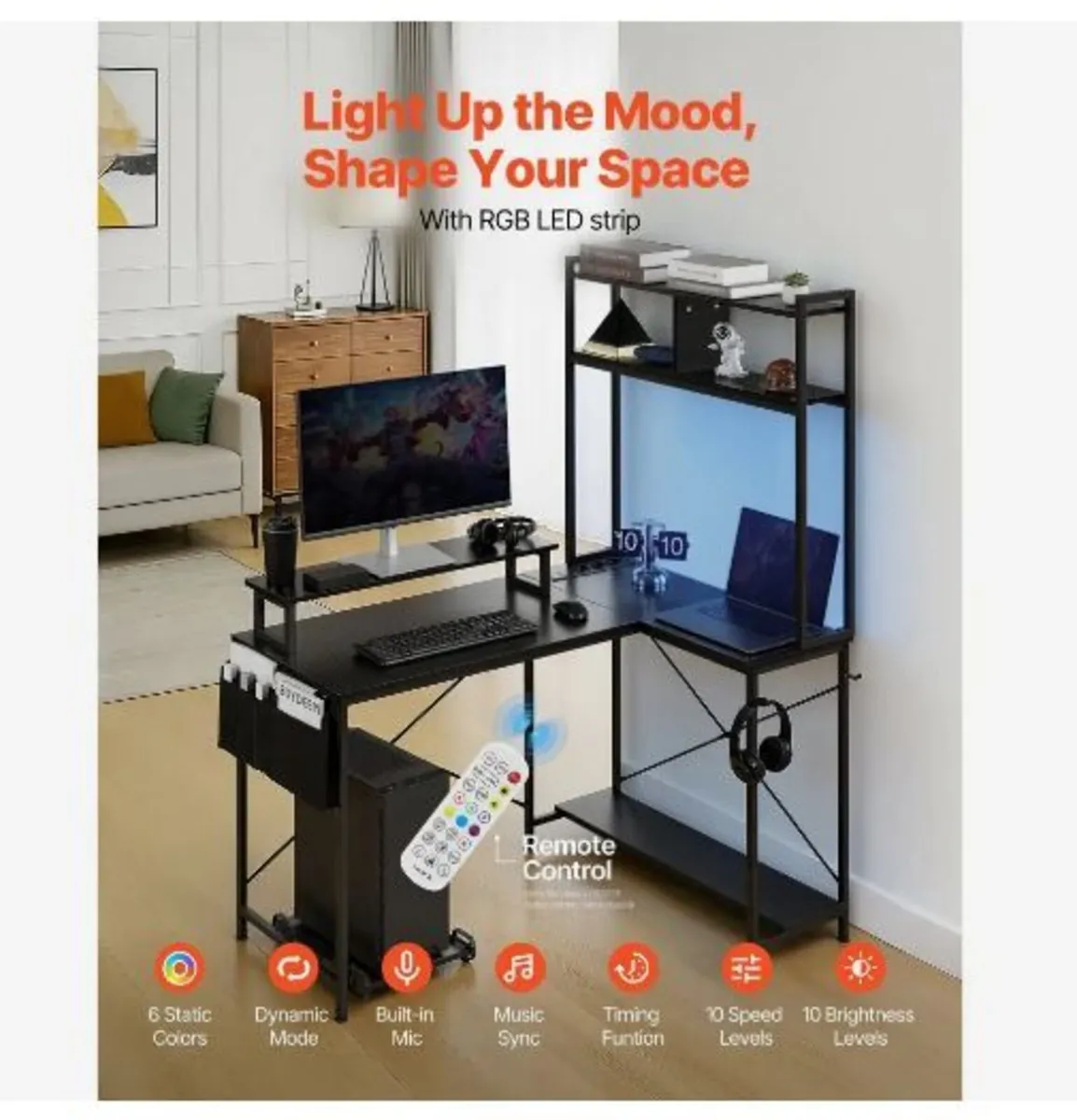 L-Shaped Gaming Desk with LED Lights, 1.2m - Image 1