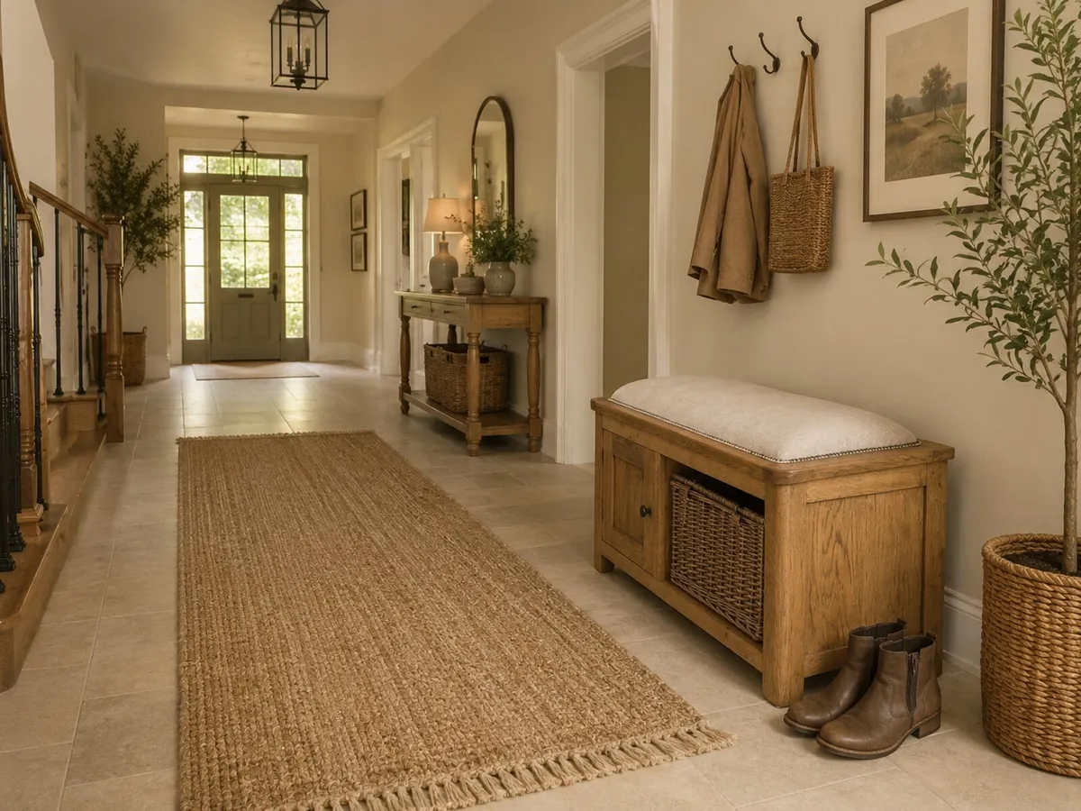 REDUCED Oak hallway seat with wicker basket - Image 2