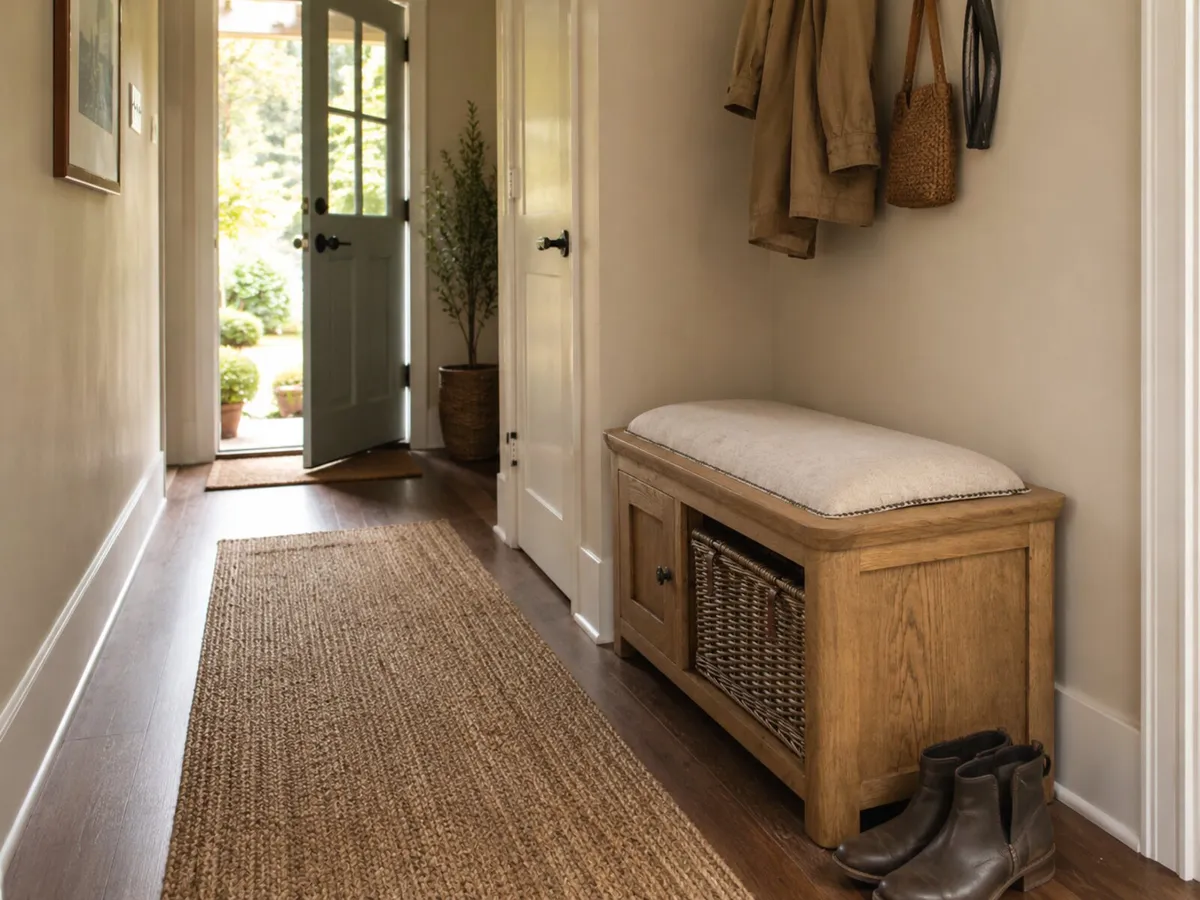 REDUCED Oak hallway seat with wicker basket - Image 3