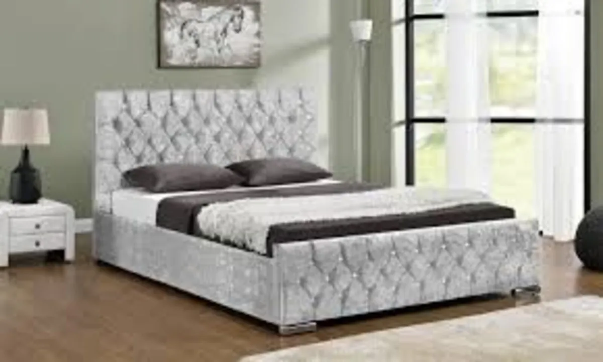 Crushed Sterling Velvet DOUBLE BED Frame - Silver - Image 2