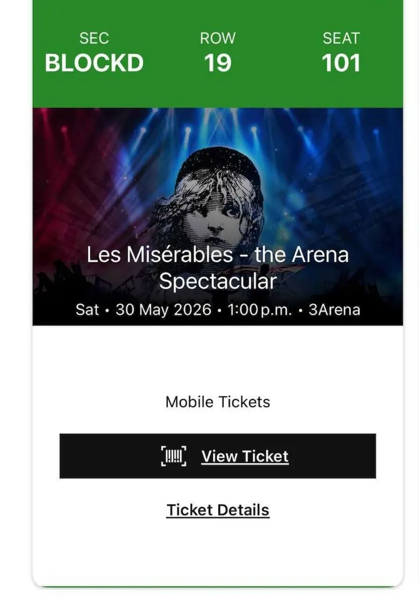 Les Miserables Tickets - x2 30th May. Facing Stage - Image 2