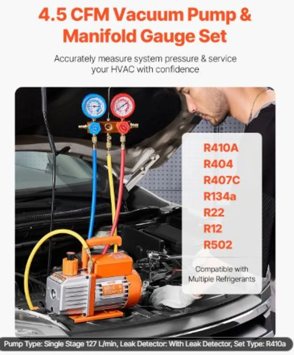 267 L/min(4.5 CFM) AC Vacuum Pump and Gauge Set, - Image 2
