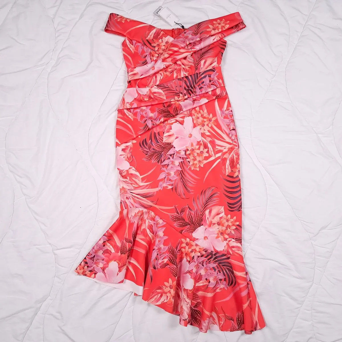 Lipsy Orange Floral Bardot Midi Dress 10UK - Image 1