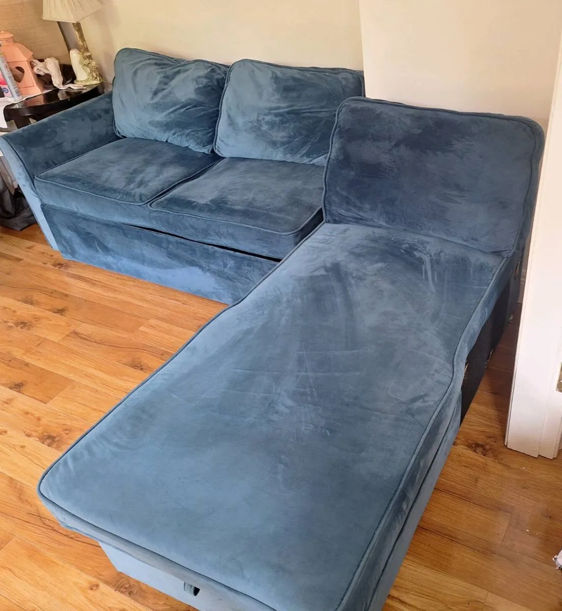 Blue Velvet Corner Sofa Bed with Storage - Image 2
