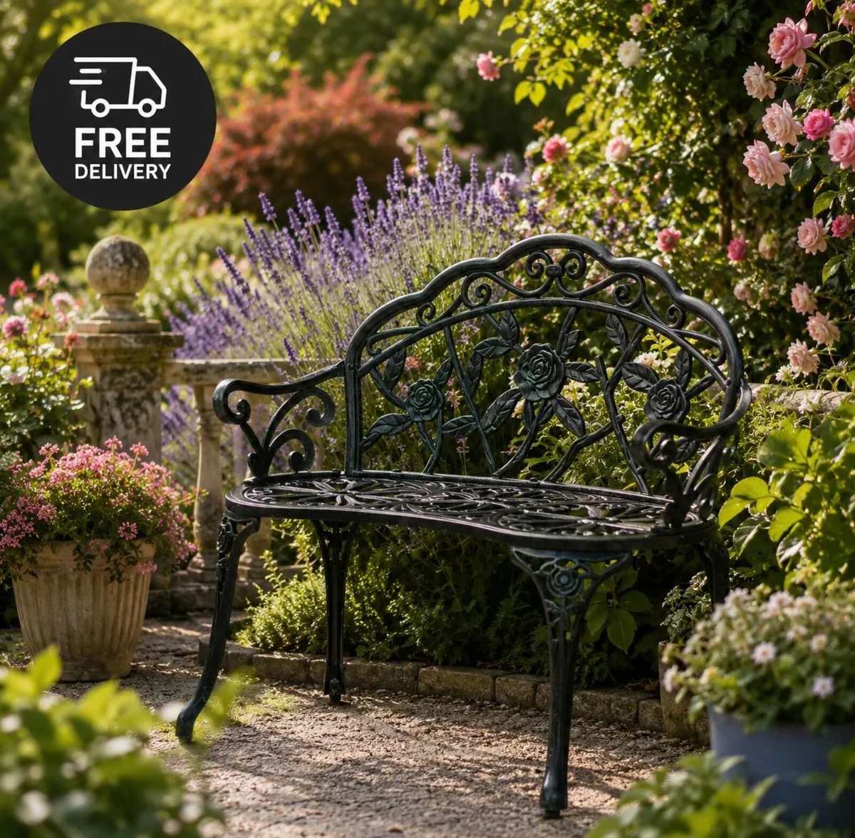 Garden Bench for 2 People Rose Design Cast Alumini - Image 1