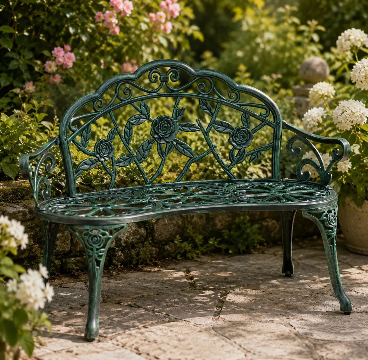 Garden Bench for 2 People Rose Design Cast Alumini - Image 2
