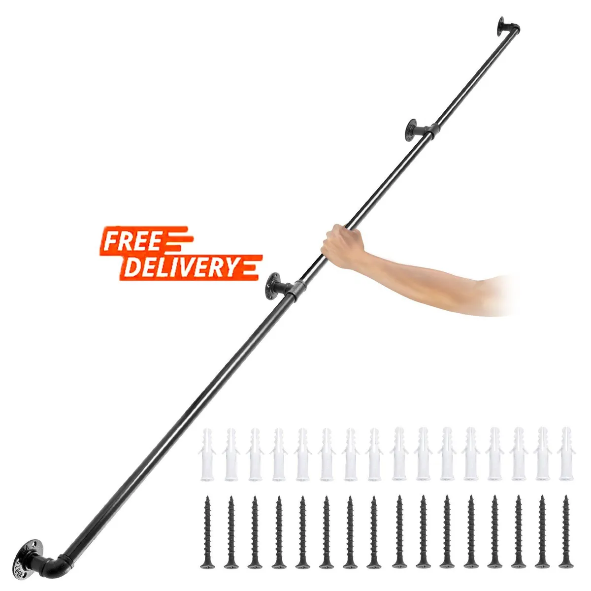 9FT Pipe Staircase Handrail w/ Wall Mount Support - Image 1
