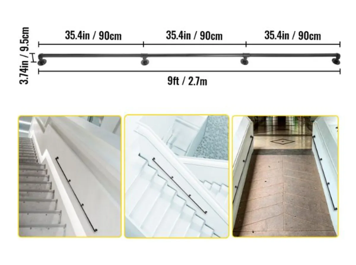 9FT Pipe Staircase Handrail w/ Wall Mount Support - Image 4
