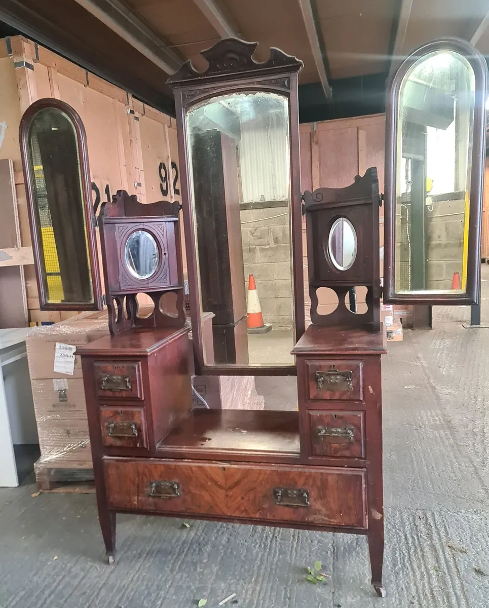 VintageWooden Dressing Table with Triple Mirror - Image 1