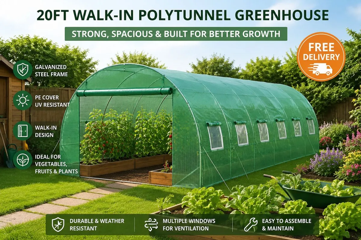 Polytunnel 20ft Galvanized Frame PE Cover Green Wa - Image 1