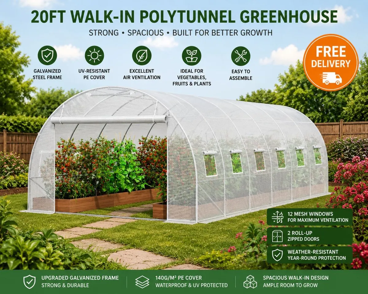 Polytunnel 20ft Galvanized Frame PE Cover Green Wa - Image 1