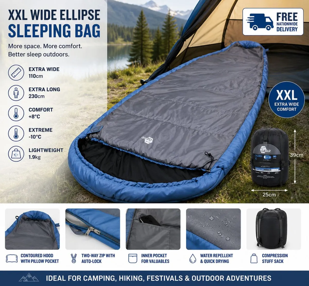 Camping Sleeping Bag XXL -10°C Extreme Wide Ellips - Image 1
