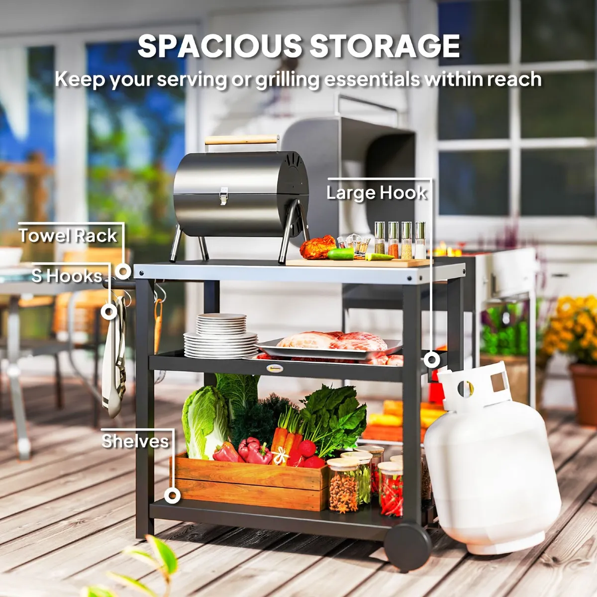 Outdoor Grill Dining Cart 3-Shelf Movable - Image 4