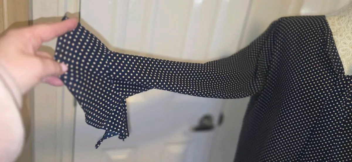 Orsay Navy Polka Dot Blouse Size 40 Boho Tie Neck - Image 2