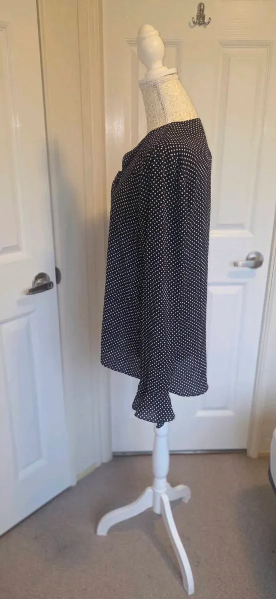 Orsay Navy Polka Dot Blouse Size 40 Boho Tie Neck - Image 3