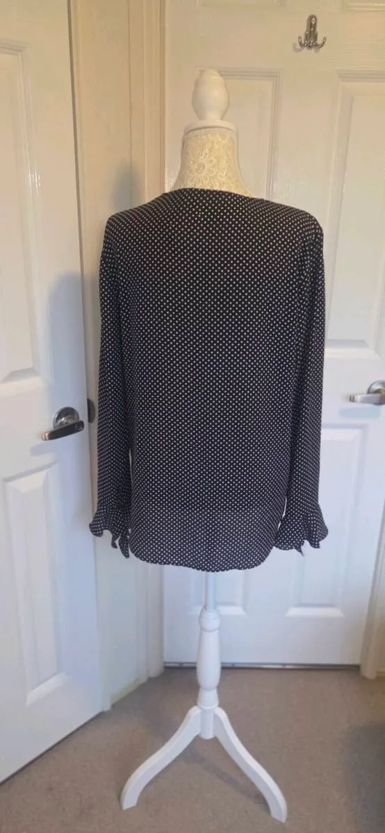 Orsay Navy Polka Dot Blouse Size 40 Boho Tie Neck - Image 4