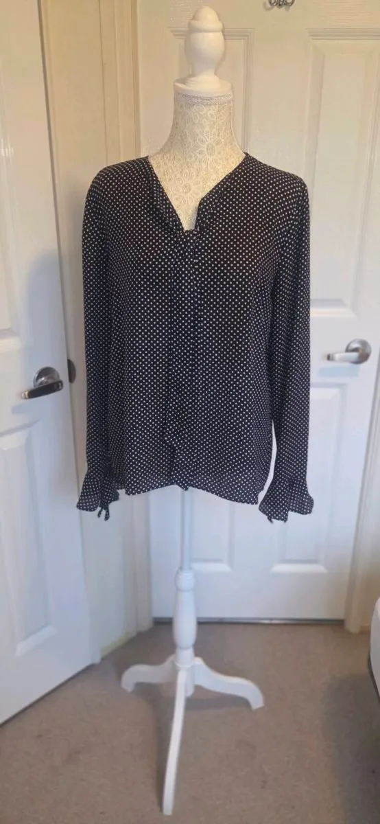 Orsay Navy Polka Dot Blouse Size 40 Boho Tie Neck - Image 1
