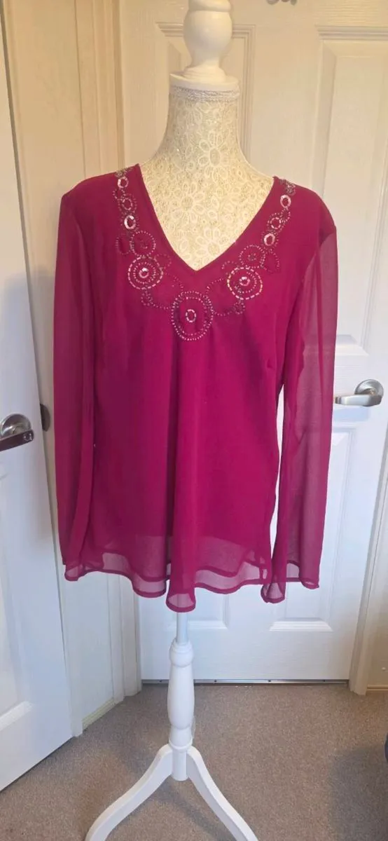 One Fuchsia Pink Beaded Chiffon Blouse Sheer Sleev - Image 1