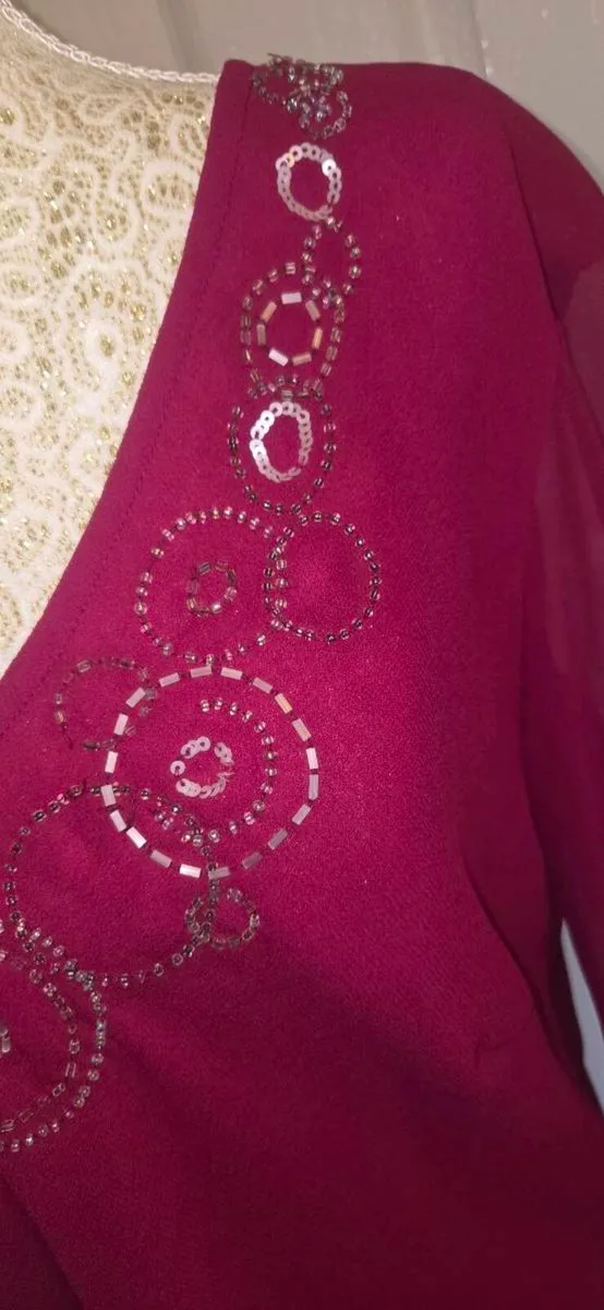 One Fuchsia Pink Beaded Chiffon Blouse Sheer Sleev - Image 2