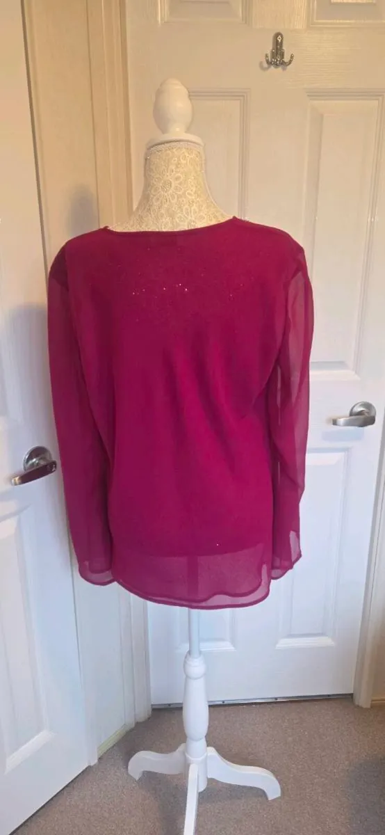 One Fuchsia Pink Beaded Chiffon Blouse Sheer Sleev - Image 4