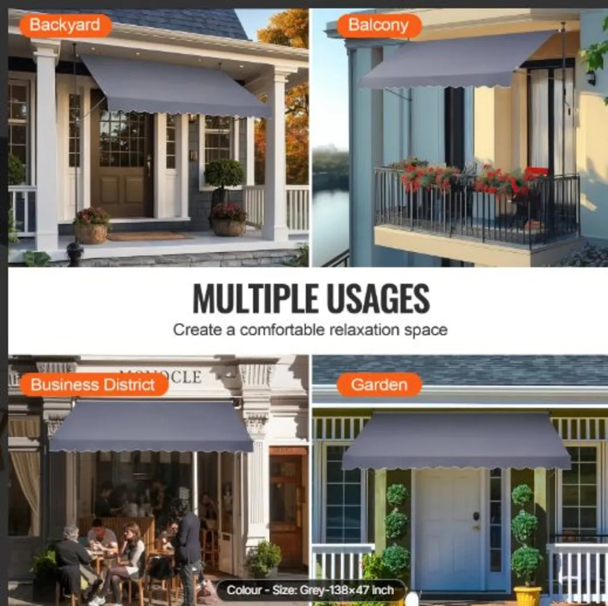 138 x 47" Patio Awning Retractable,Awning Sunshade - Image 2