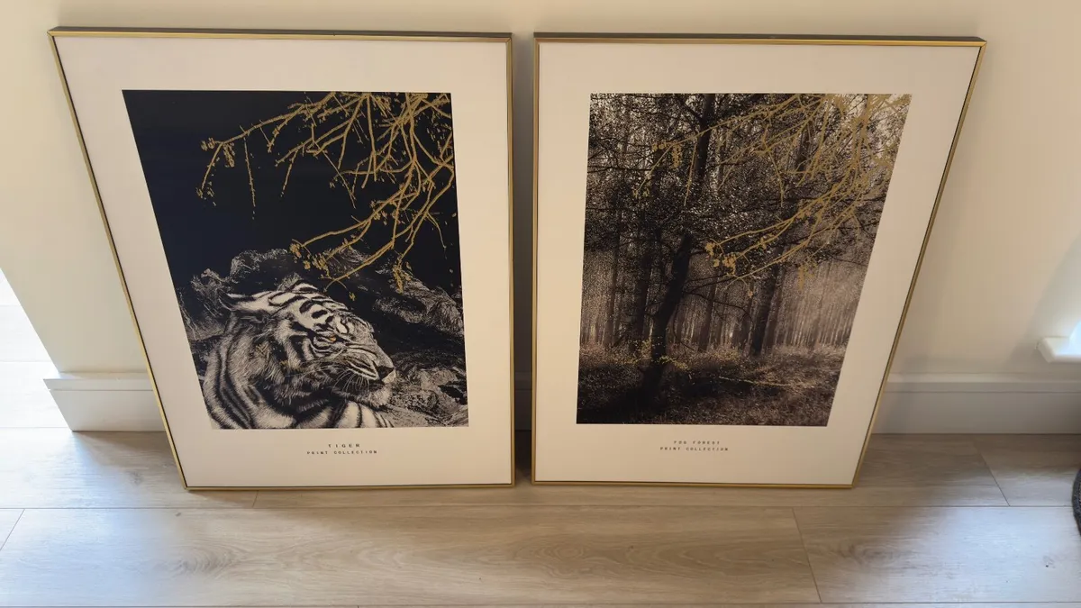 Next Large Metallic Gold Tiger & Fog Forest Prints - Image 1