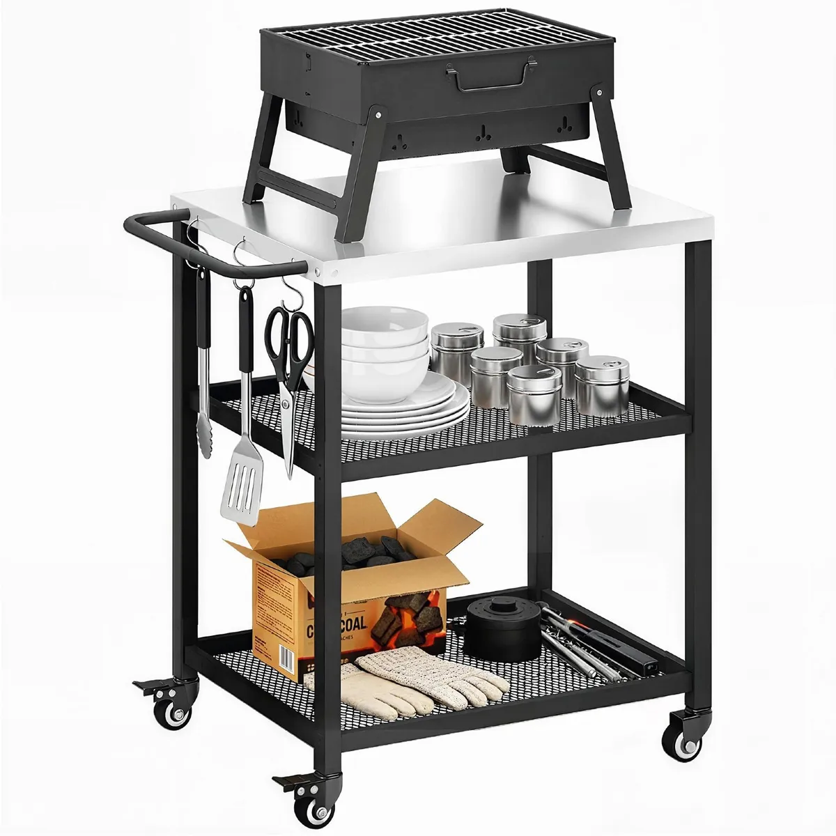 3-Tier Mobile Barbecue Cart with Wheels and Brake - Image 3